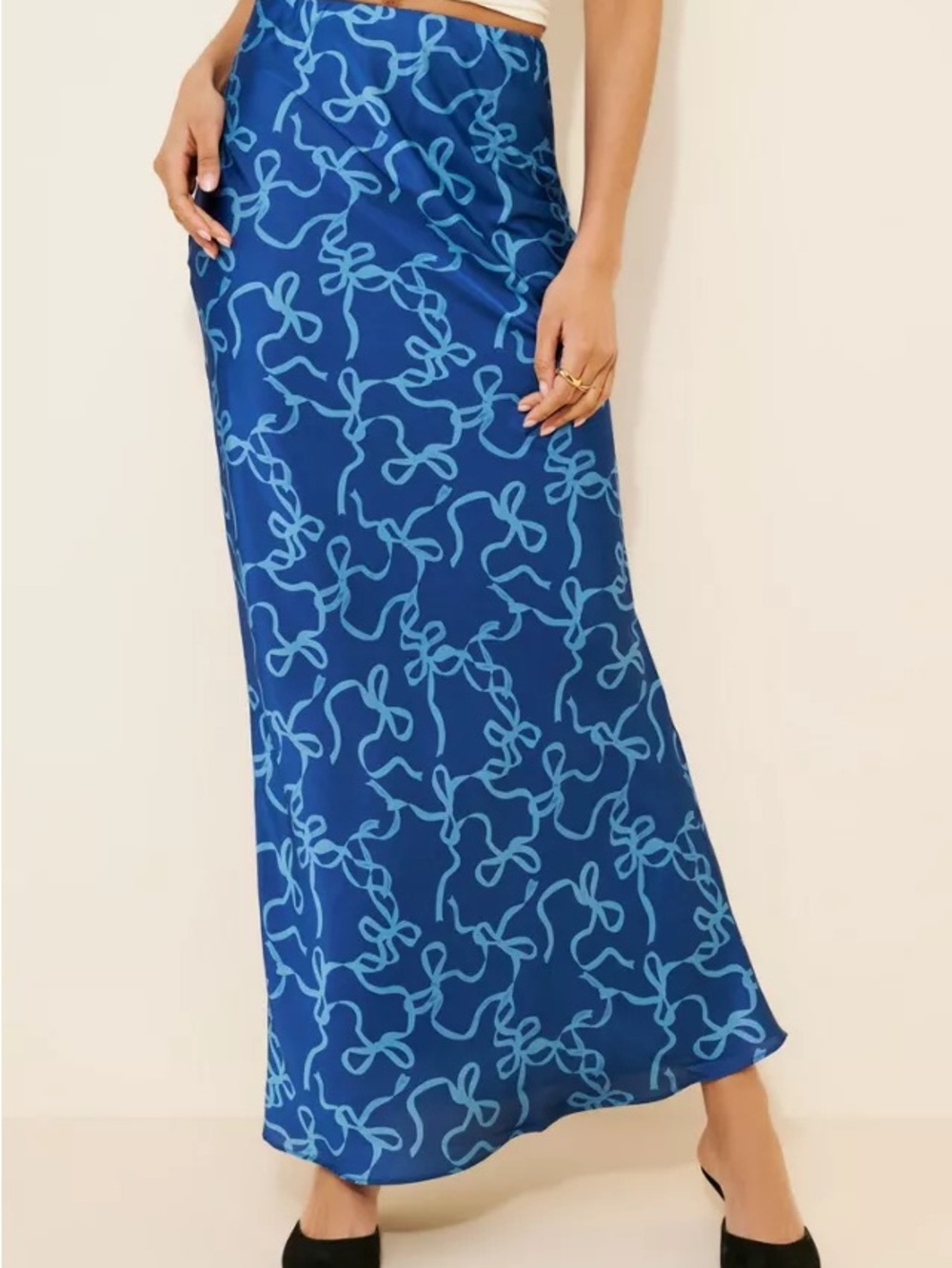 Glamorous Navy Blue A-Line Skirt with White Ribbon Print